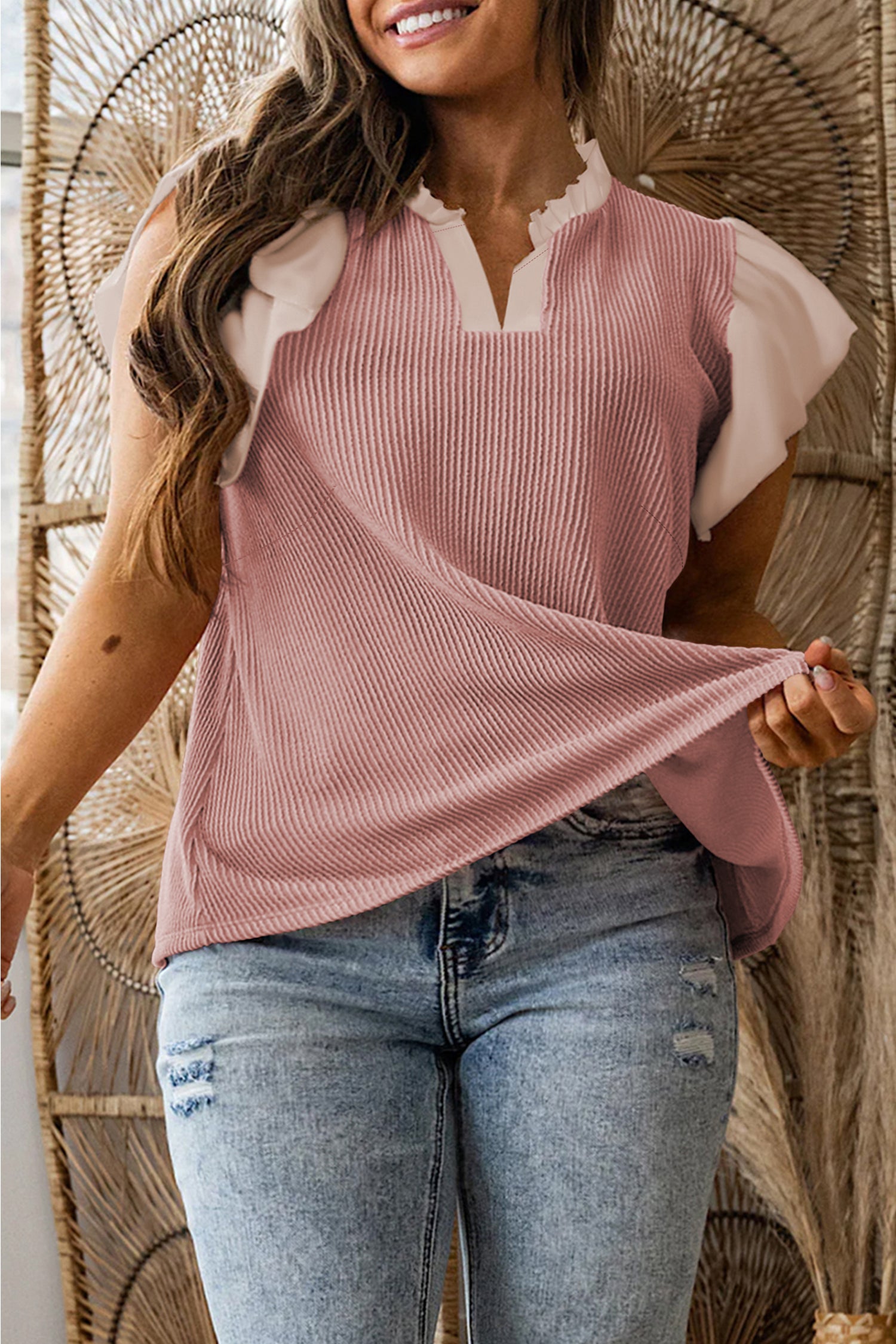 Black Plus Size Contrast Frilled Neckline Ruffled Short Sleeve Ribbed Textured Blouse