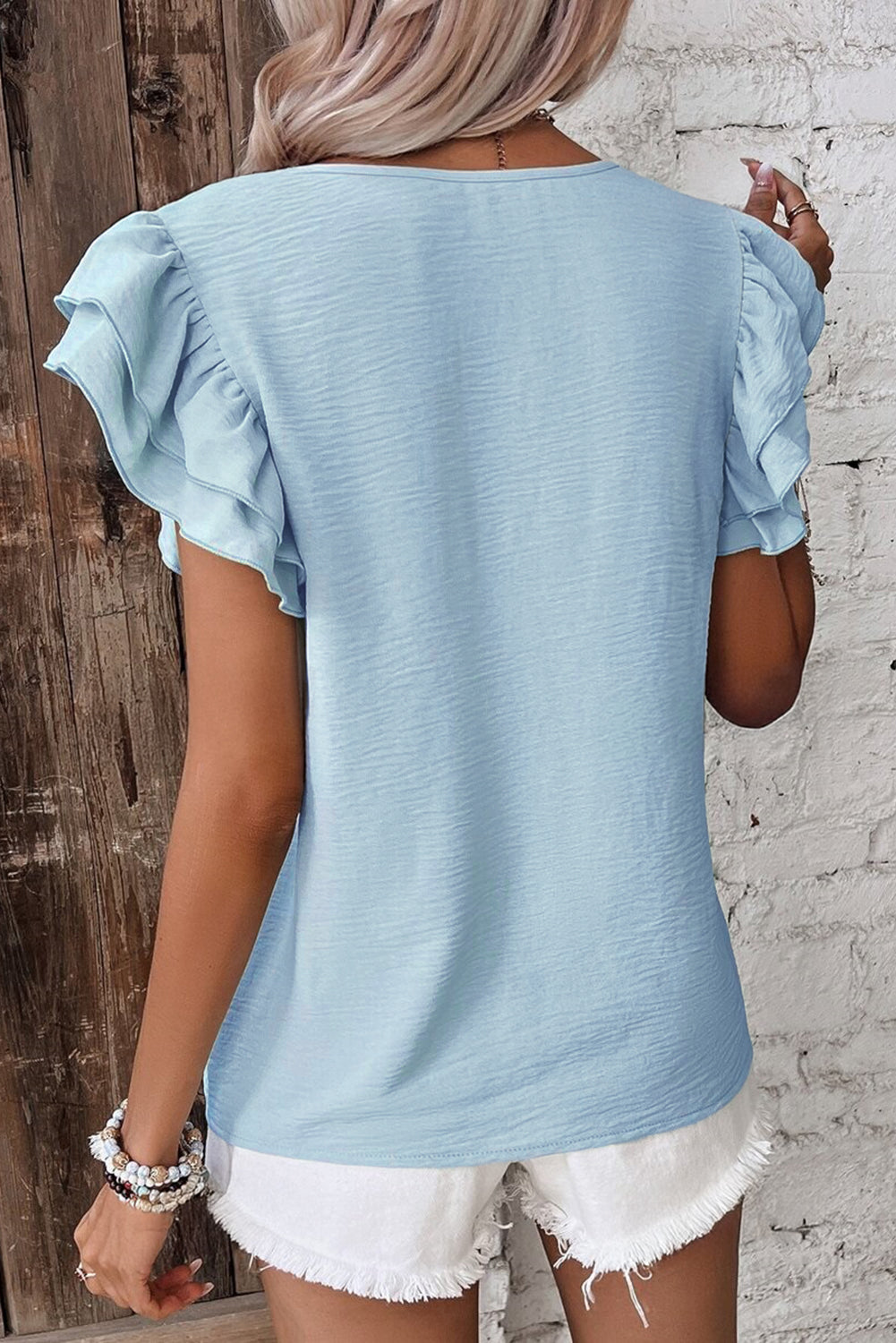 Clearly Aqua Solid Color Ruffled Short Sleeve Casual Blouse