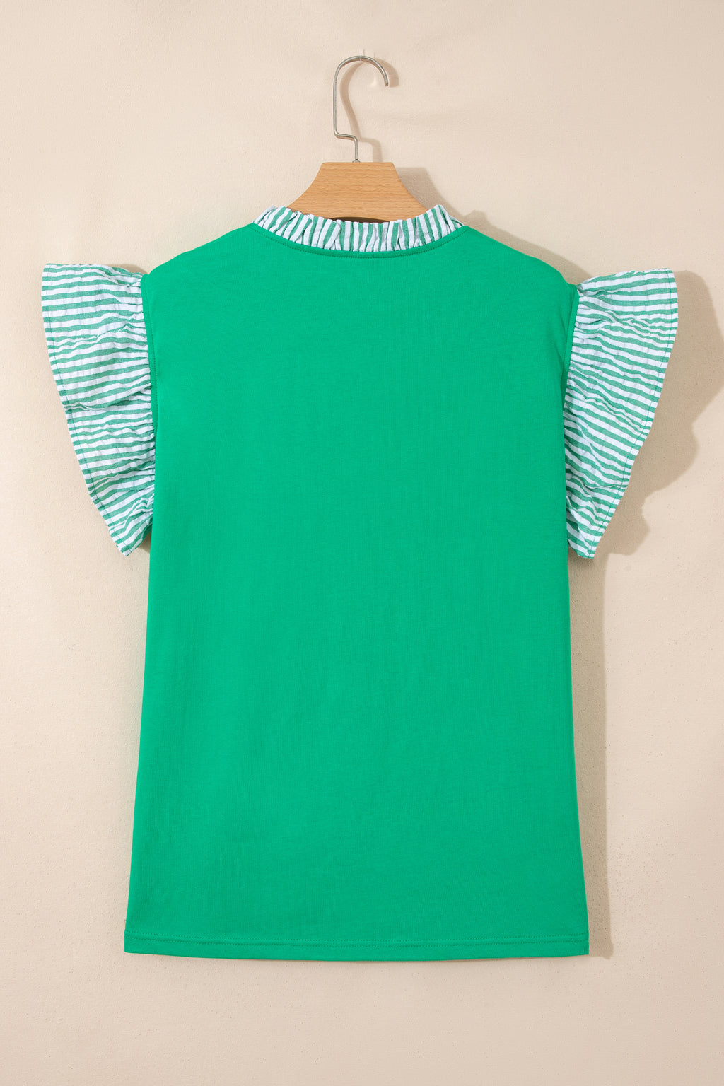 Dark Green Plus Size Button Front Ruffled Stripe Trim V Neck Flutter Sleeve Blouse