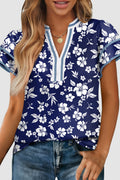 Blue Floral Print Contrast Trim Split Neck Double Ruffle Short Sleeve Blouse