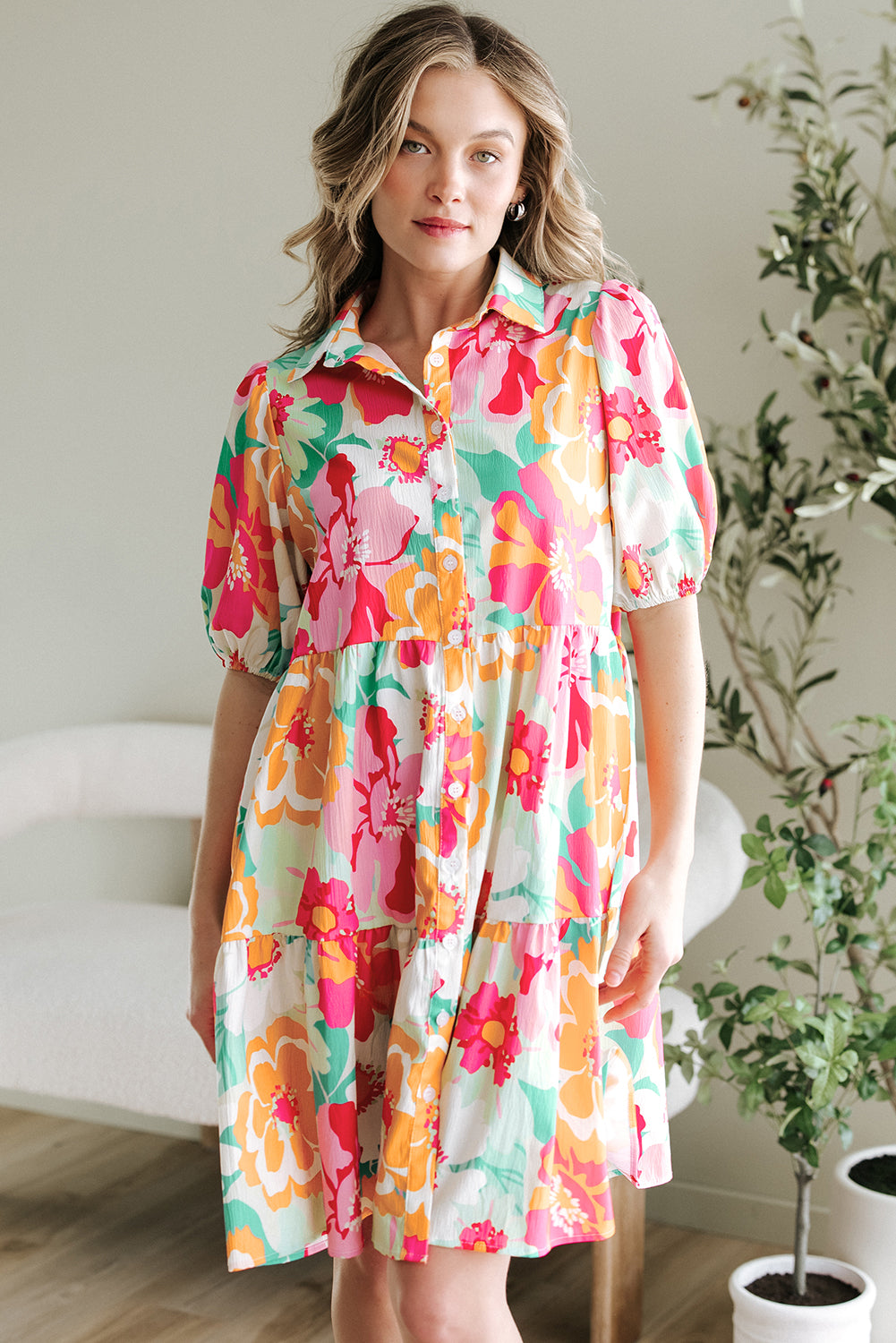 Green Floral Puff Sleeve Collar Buttoned Babydoll Dress