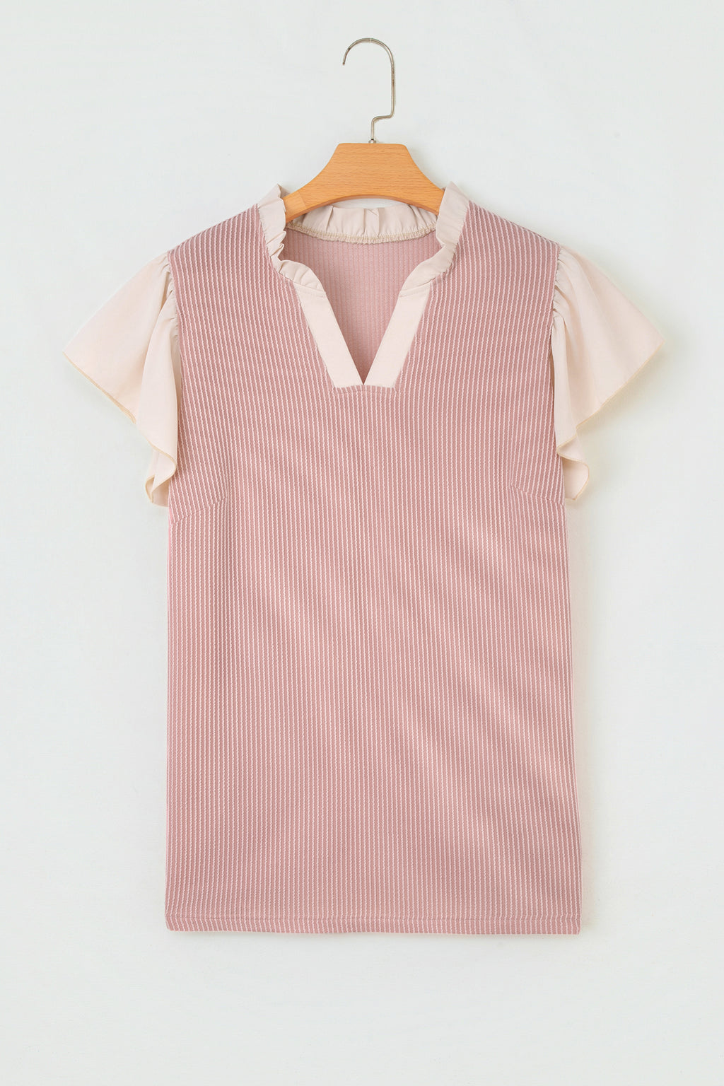 Black Plus Size Contrast Frilled Neckline Ruffled Short Sleeve Ribbed Textured Blouse