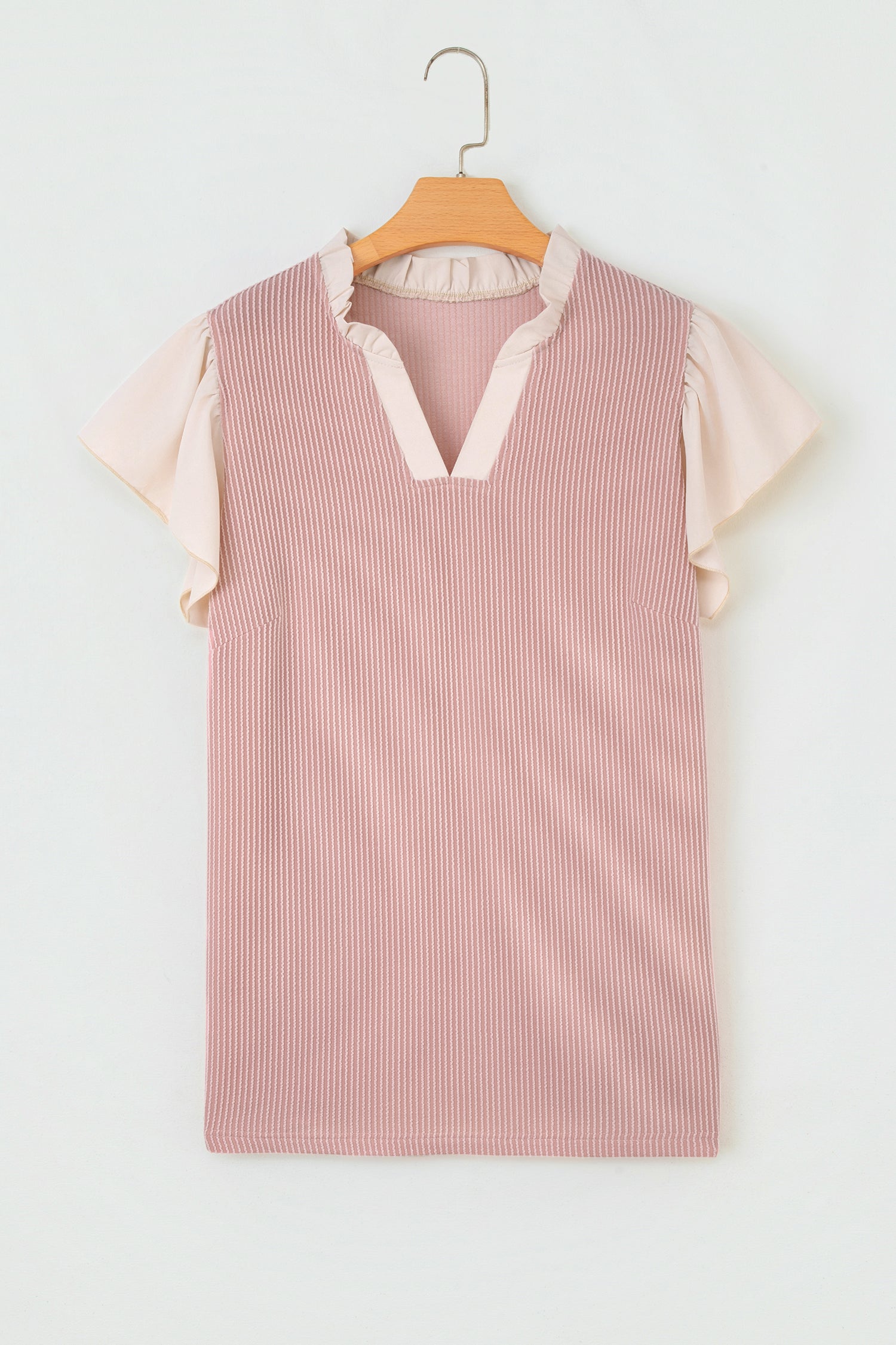 Black Plus Size Contrast Frilled Neckline Ruffled Short Sleeve Ribbed Textured Blouse