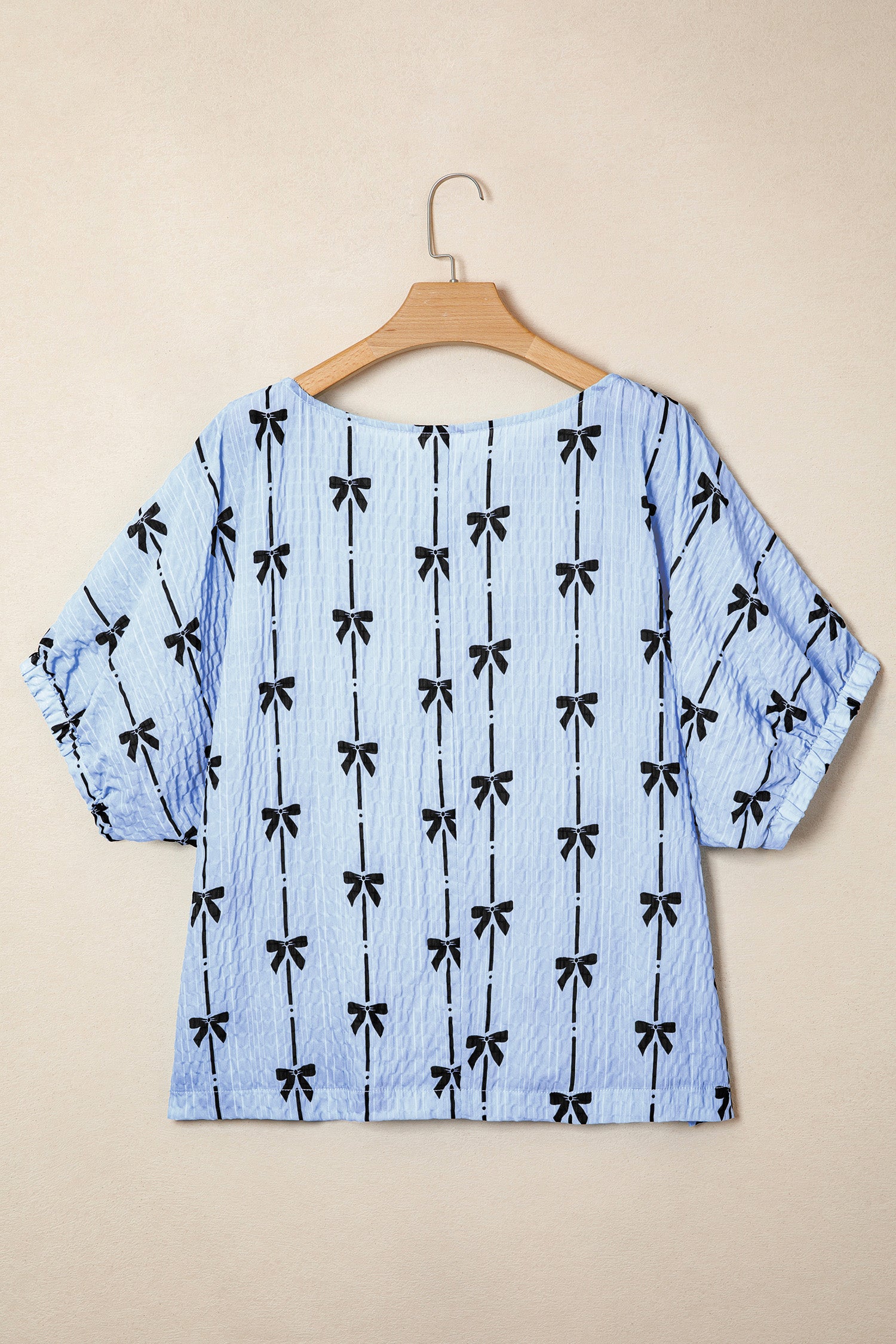 Black Bow Print Puff Short Sleeve Top