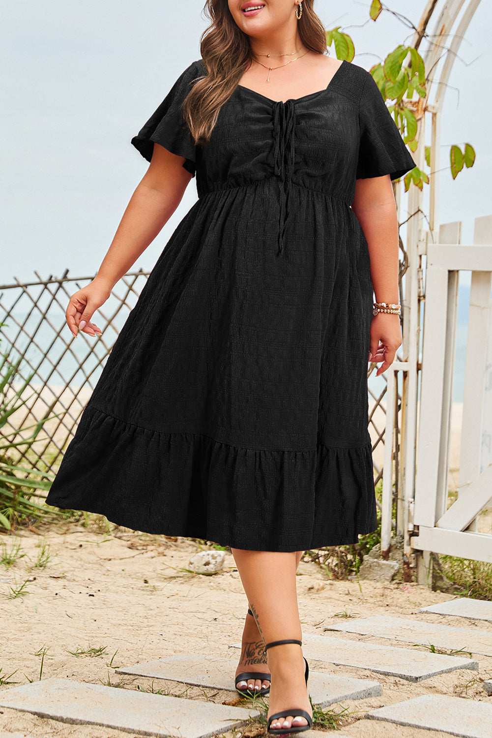 Blue Plus Size Short Sleeve Lace-up High Waist Midi Dress