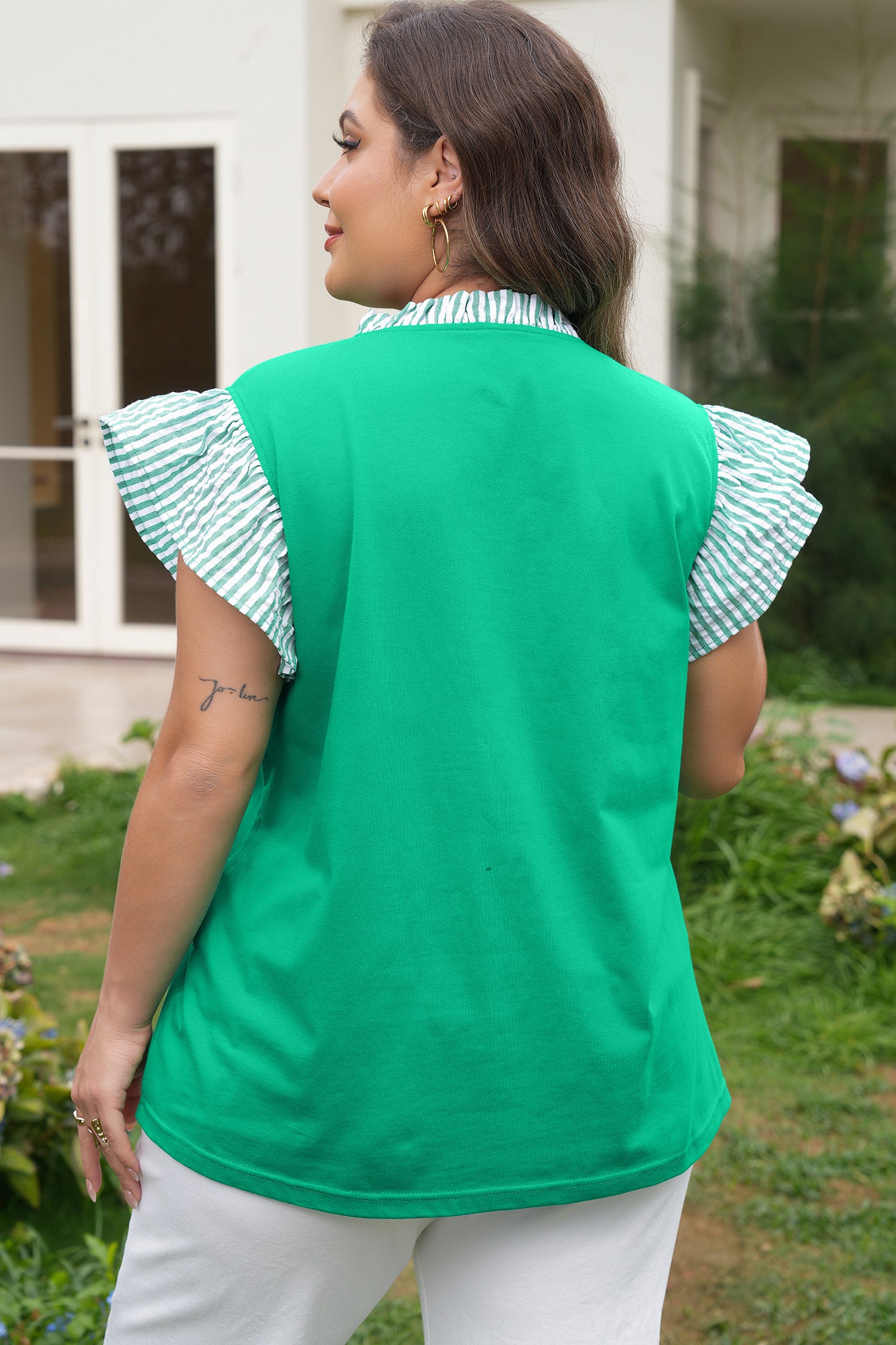Dark Green Plus Size Button Front Ruffled Stripe Trim V Neck Flutter Sleeve Blouse