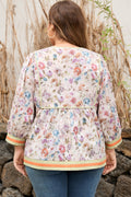 Black Plus Size Floral Print Contrast Trim Striped Detail Babydoll Blouse