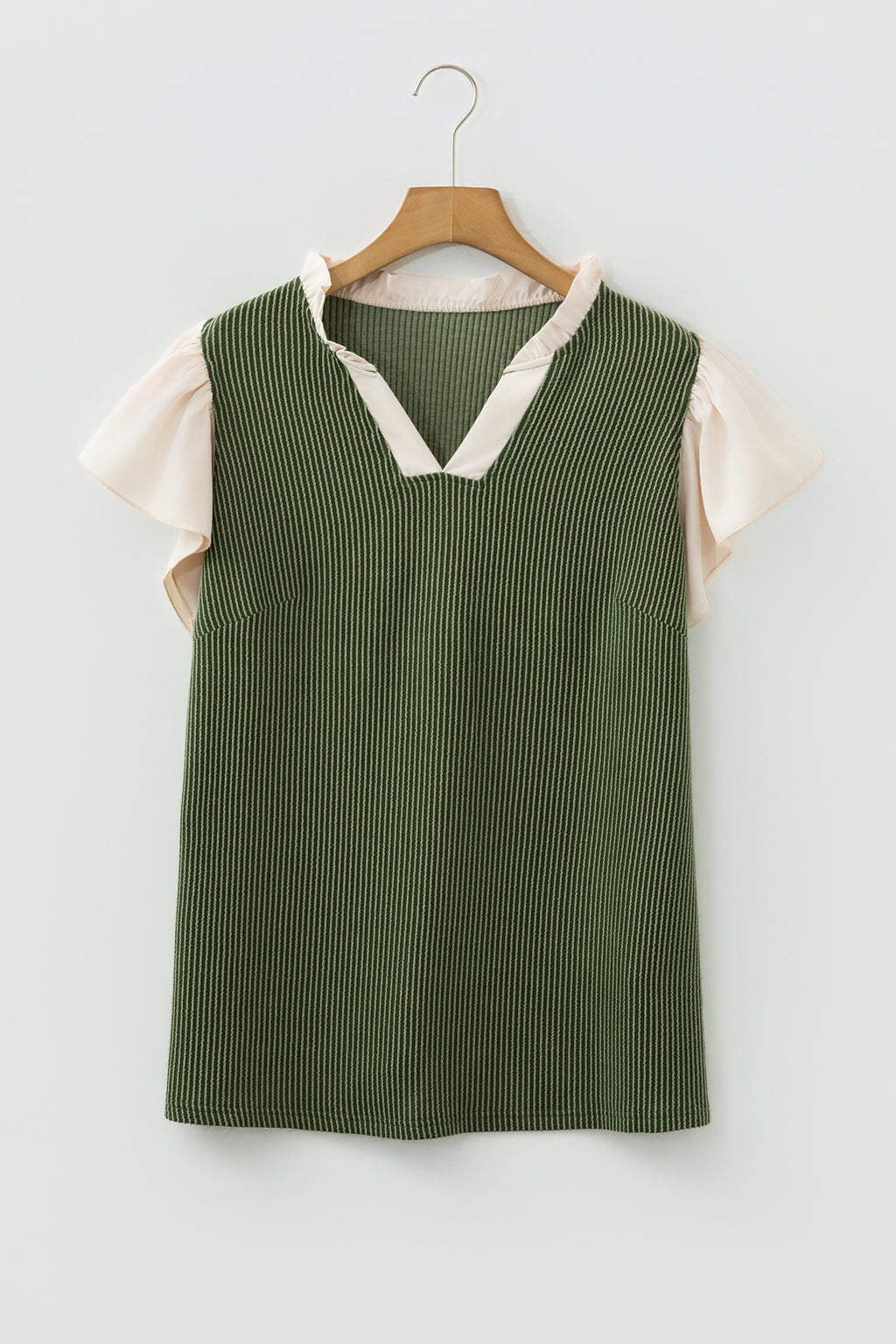 Black Plus Size Contrast Frilled Neckline Ruffled Short Sleeve Ribbed Textured Blouse