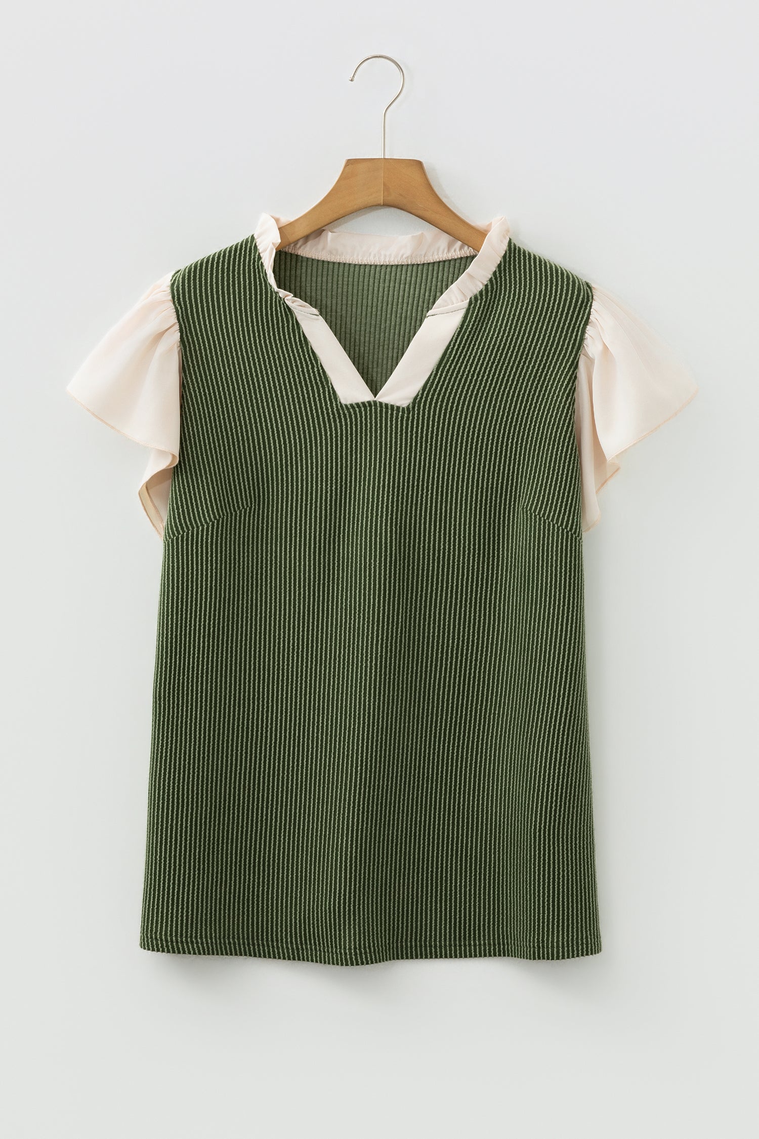 Black Plus Size Contrast Frilled Neckline Ruffled Short Sleeve Ribbed Textured Blouse