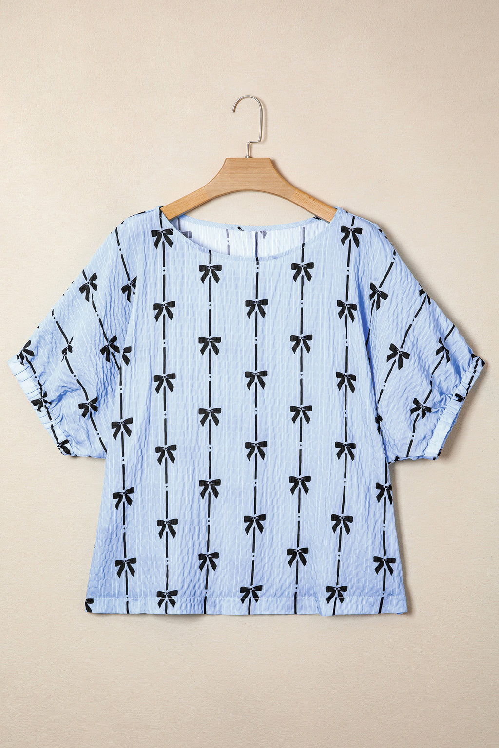 Black Bow Print Puff Short Sleeve Top