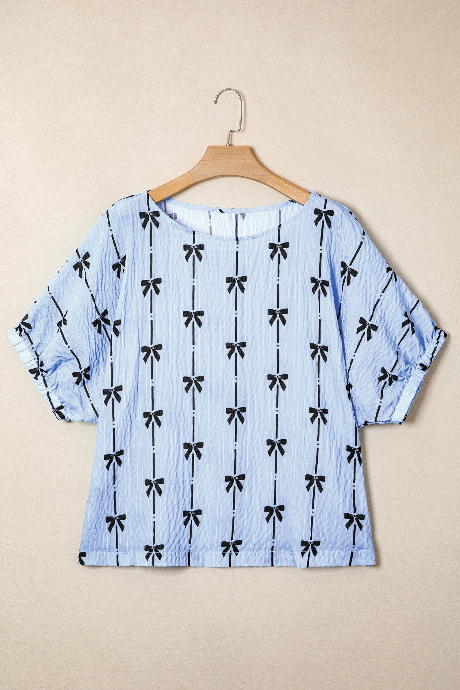 Black Bow Print Puff Short Sleeve Top