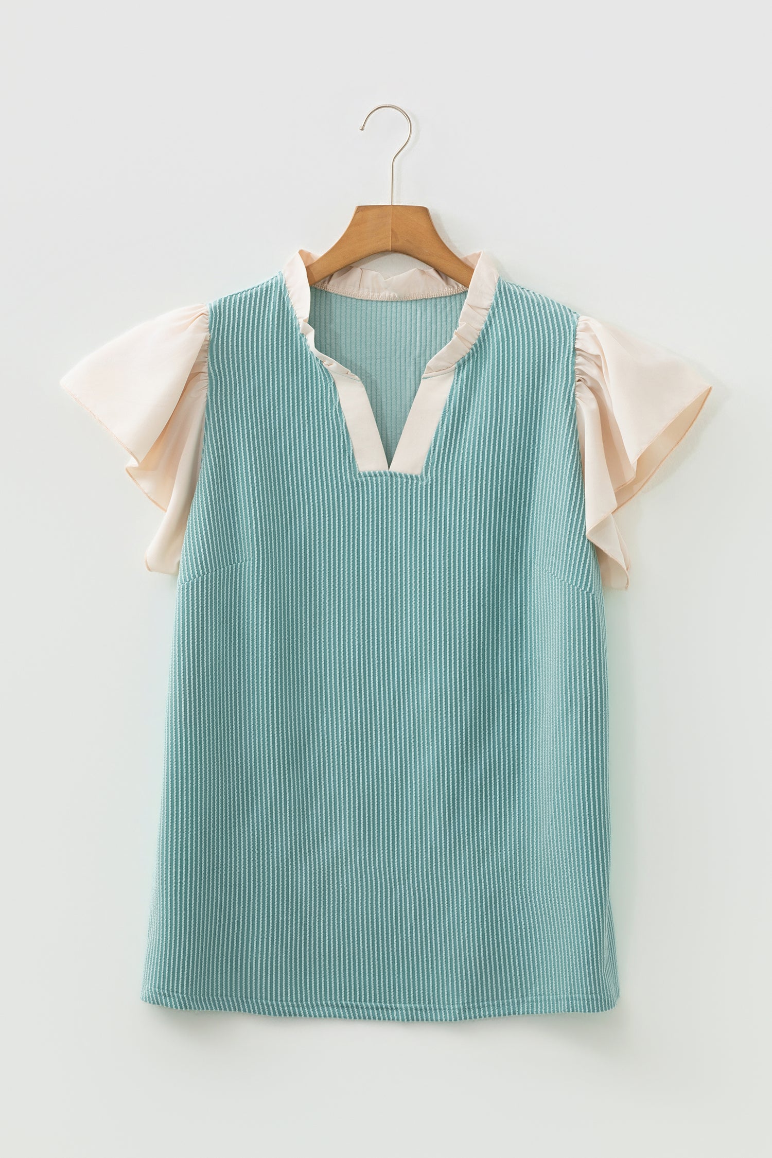 Black Plus Size Contrast Frilled Neckline Ruffled Short Sleeve Ribbed Textured Blouse