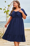 Blue Plus Size Short Sleeve Lace-up High Waist Midi Dress